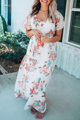 White V Neck Short Sleeves Floral Print Maxi Dress