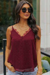 Red Eyelash Lace Trim Textured Cami Top