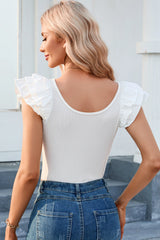 White Layered Ruffled Flutter Sleeve U Neck Knit Bodysuit