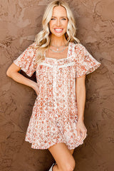 Red Button Front Flutter Sleeve Print Dress with Ruffles