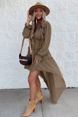 Khaki Tiered Ruffled High Low Long Sleeve Dress