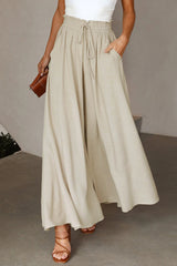 Beige Drawstring Smocked High Waist Wide Leg Pants