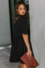 Black Pocketed Puff Sleeve Empire Waist Swing Short Dress