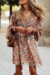Brown Geometric Print Long Sleeve Surplice Flowy Dress