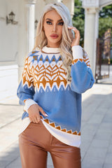 Blue Geometric Print Ribbed Trim Sweater