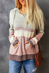 Color Block Knit Kangaroo Pocket Hooded Sweater
