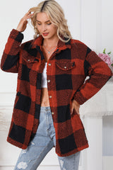 Brown Fuzzy Plaid Flap Button Up Midi Coat