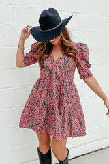 Red Vintage Puff Sleeve Side Pockets Floral Dress