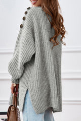 Gray Buttoned Drop Shoulder Oversized Sweater