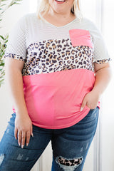 Pink Color Block Splicing Striped Leopard Plus Size Tee
