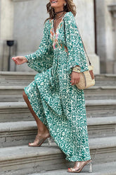 Green Abstract Pattern Print V Neck High Waist Maxi Dress
