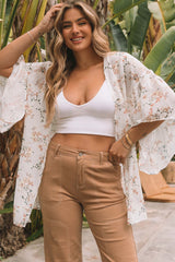 White Floral Print Ruffled Long Sleeves Kimono