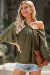 Green Textured V Neck Bracelet Sleeve Babydoll Blouse