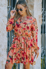 Red Frilled Collar Long Sleeve Floral Dress with Ruffle