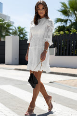 White Sheer Jacquard Ruffle Trim Half Sleeve Dress