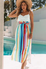 Stripe Splicing Paperwaist Spaghetti Straps Maxi Dress