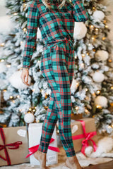 Green Plaid Print Long Sleeve Top and Drawstring Joggers Pajama Set