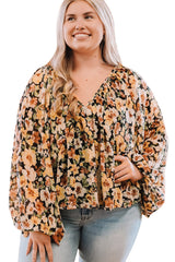 Multicolor Plus Size Floral V-Neck Long Sleeve Blouse