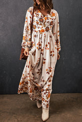 Yellow Leaf Print V Neck Puff Sleeve Maxi Dress