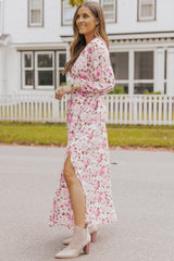 Purple Deep V Neck Ruched High Waist Floral Maxi Dress