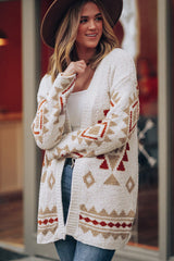 White Aztec Pattern Open Knitted Cardigan