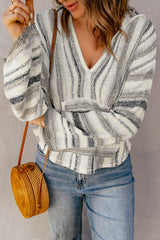 Black Striped Knit Kangaroo Pocket Hooded Sweater