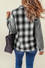 Gray Plaid Patchwork Buttoned Pocket Sherpa Jacket