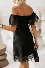Black Off-shoulder Overlay Drop Sleeves Lace Dress