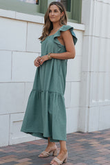 Green Smocked Neckline Flutter Sleeve Maxi Dress