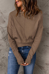 Brown Ribbed Knit Drop Shoulder Hooded Top