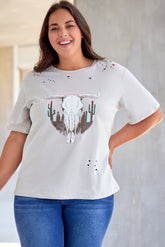 Beige Plus Size Desert Vintage Longhorn Graphic Tee