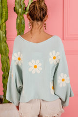 Green Flower Embroidery Batwing Sleeve Loose Sweater