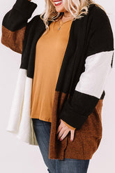 Brown Plus Size Open Front Color Block Cardigan