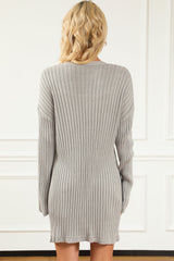 Gray Loose Ribbed Knit Pocketed Open Cardigan