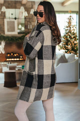 Khaki Checkered Print Dual Pockets Cardigan