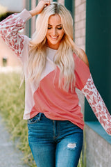 Leopard Sleeve Asymmetric Cold Shoulder Colorblock Knit Top