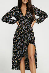Black Wrap Eyelash V Neckline Long Sleeves Floral Dress