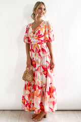 Red Short Puff Sleeve Floral Tiered Maxi Dress