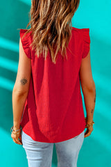 Red Ruffled Ribbed O-neck Sleeveless Top