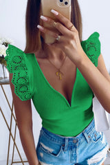 Green White V Neck Flutter Shoulder Ribbed Knit Top