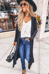 Black Draped Open Front Long Cardigan