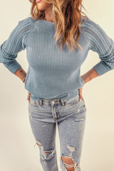 Gray Plain Hollow-out Knit Long Sleeve Pullover Sweater