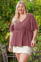 Red Plus Size Waffle Knit Lace V Neck Wrap Top