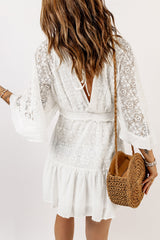 White Lace Crochet Buttons Bell Sleeve V Neck Mini Dress