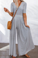 Gray Short Sleeve Bodice Flowy Wide Leg Jumpsuit