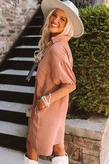 Brown Crinkle Textured Joint Bubble Sleeve Shirt Dress