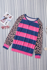 Rose Leopard Striped Patchwork Long Sleeve Top