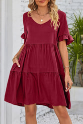 Red V Neck Ruffle Short Sleeve Flared Midi Dress