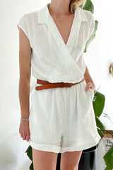 White Collared Wrap V Neck Lightweight Textured Romper