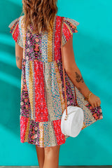 Red Floral Patchwork Print Flutter Sleeve Dress